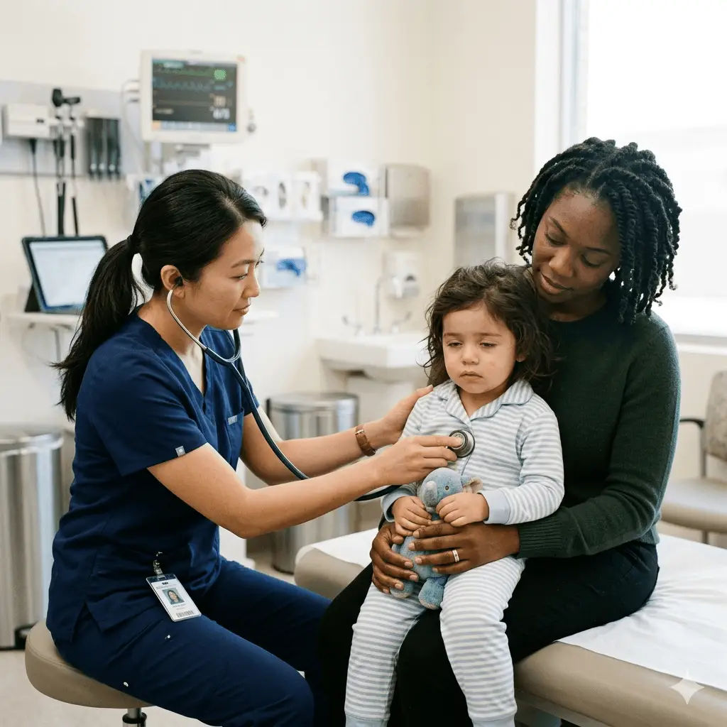 Pediatric emergency care provider examining a child with a stethoscope while parent sits nearby in an ER room.