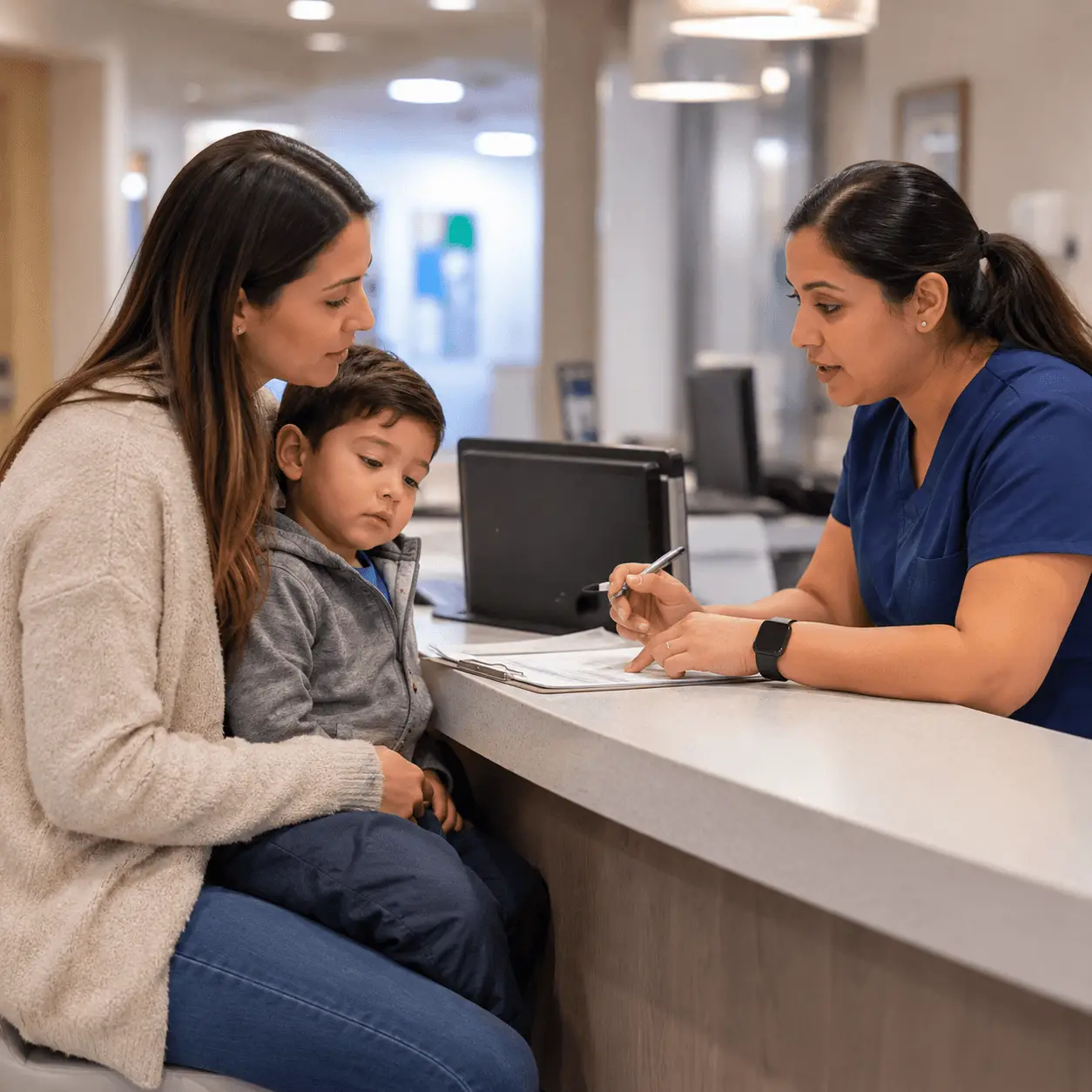 Pediatric insurance verification at registration desk with healthcare staff assisting a mother and child before emergency care.