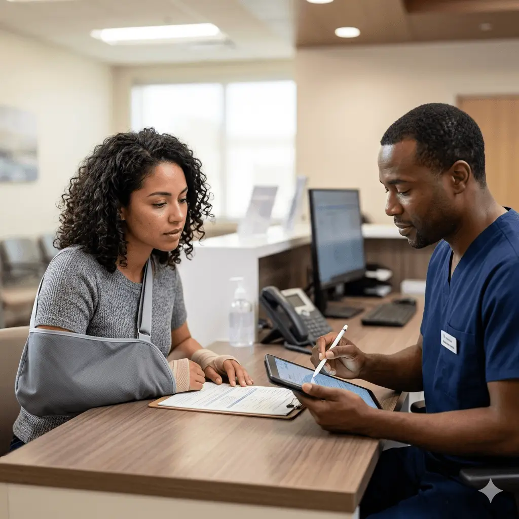 Trauma and injury insurance verification with healthcare staff assisting a patient wearing an arm sling at registration.