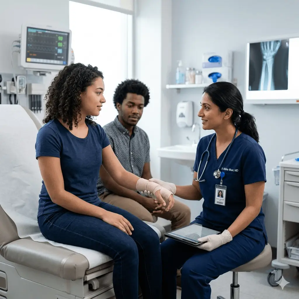 Trauma and injury care provider treating a patient with a bandaged wrist in an emergency room exam room.
