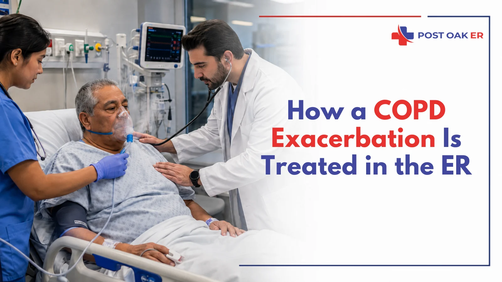 Doctor and nurse treating a patient with a COPD exacerbation in the ER using oxygen therapy and bedside monitoring.