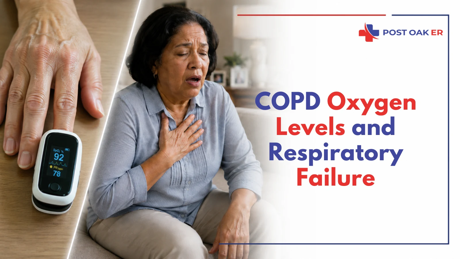 Woman with COPD symptoms checking low oxygen levels on a pulse oximeter, illustrating breathing distress and risk of respiratory failure.