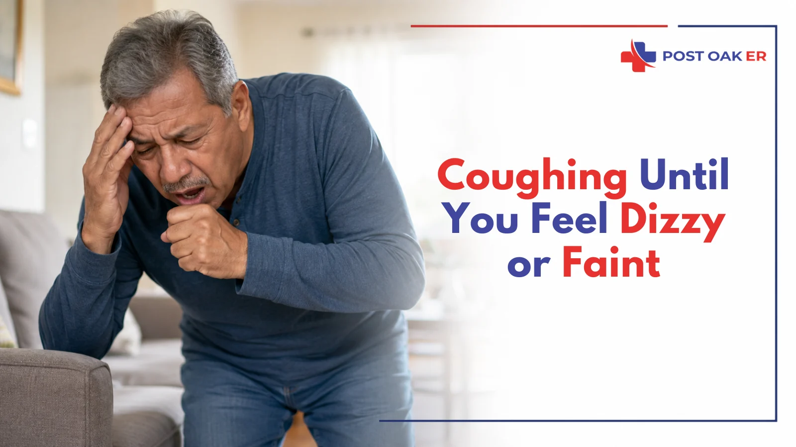 Man coughing intensely and feeling dizzy, illustrating severe coughing spells that can cause lightheadedness or fainting.