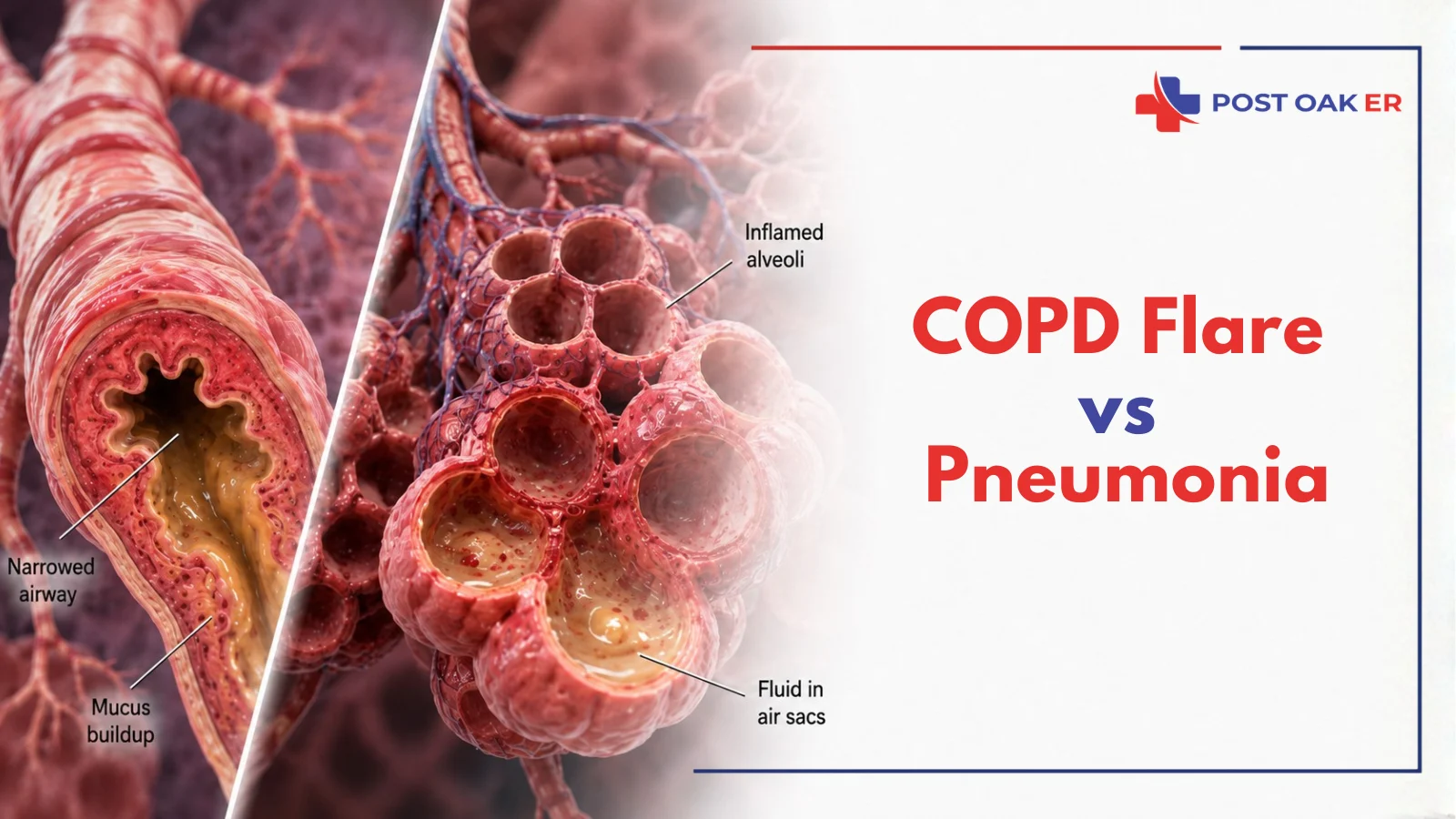 Medical infographic comparing COPD flare vs pneumonia, showing narrowed airways with mucus buildup and inflamed alveoli filled with fluid in the lungs.