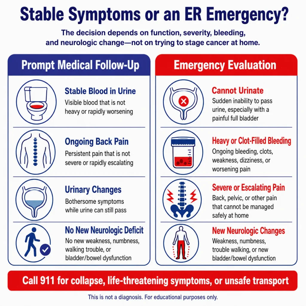 Advanced prostate cancer warning signs infographic comparing stable symptoms with ER emergencies such as inability to urinate, heavy bleeding, severe pain, and new neurologic changes.