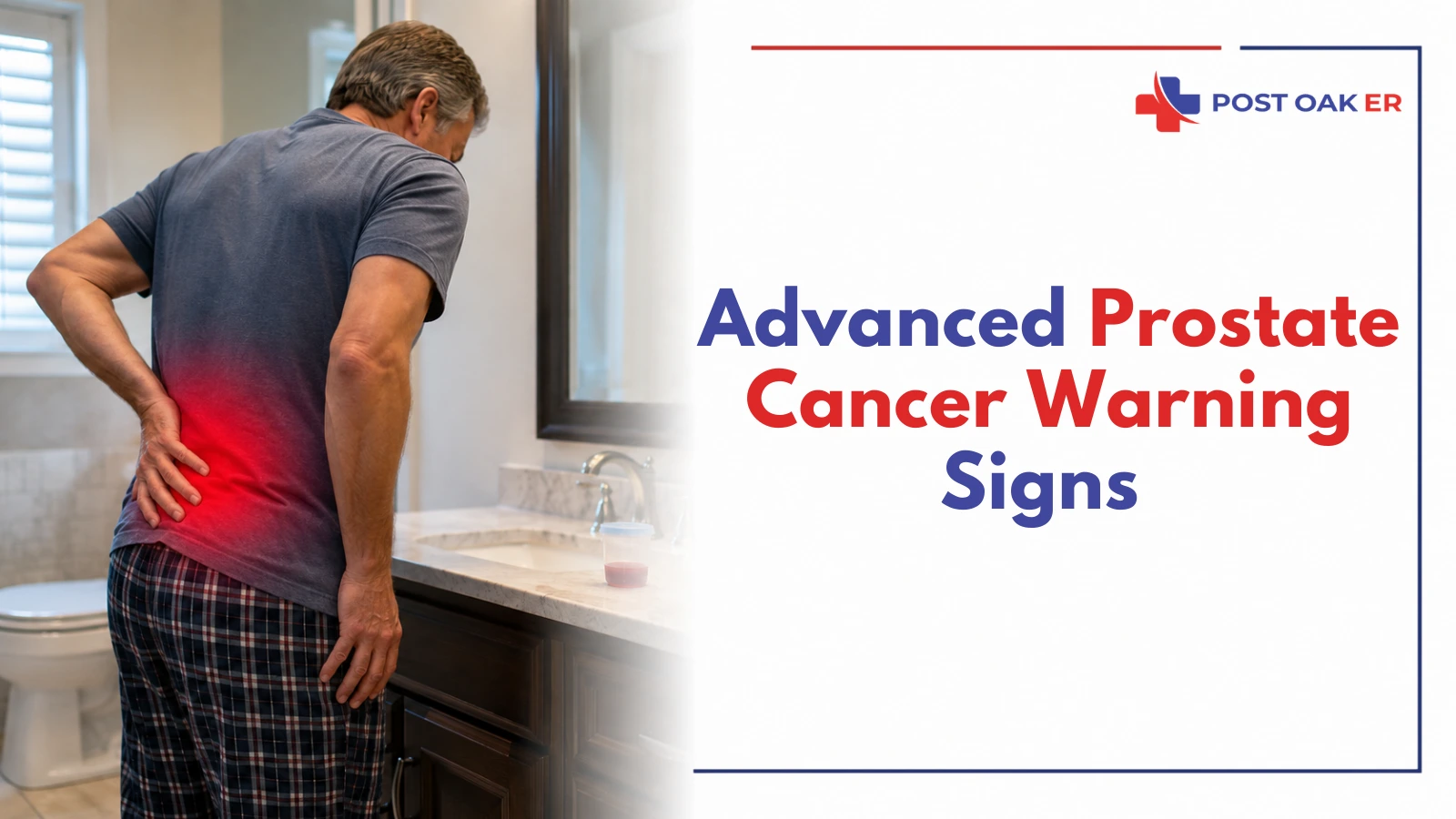 Advanced prostate cancer warning signs illustrated by an older man with lower back pain and blood in urine, highlighting symptoms that may require urgent medical evaluation.