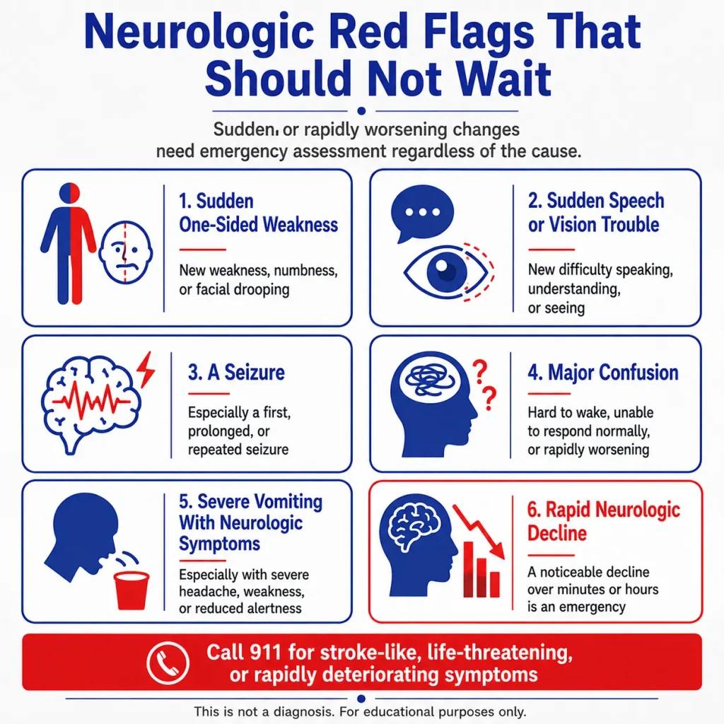 Brain tumor emergency warning signs infographic showing sudden one-sided weakness, speech or vision trouble, seizures, major confusion, severe vomiting, and rapid neurologic decline.
