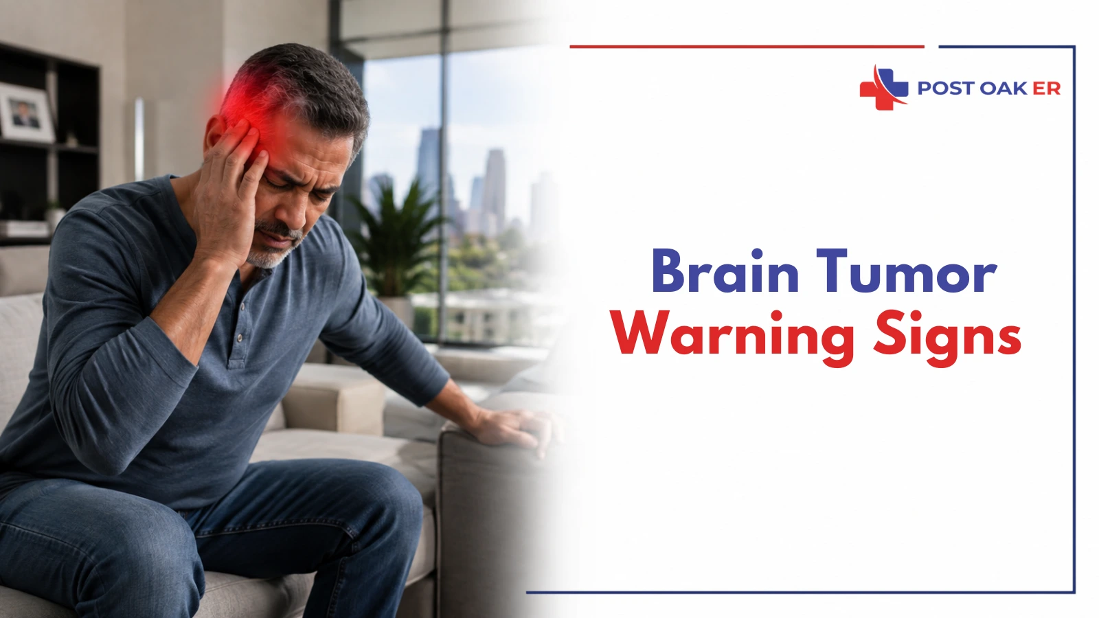 Brain tumor warning signs illustrated by an adult experiencing a severe headache, highlighting headache patterns and neurologic symptoms that may require emergency evaluation.