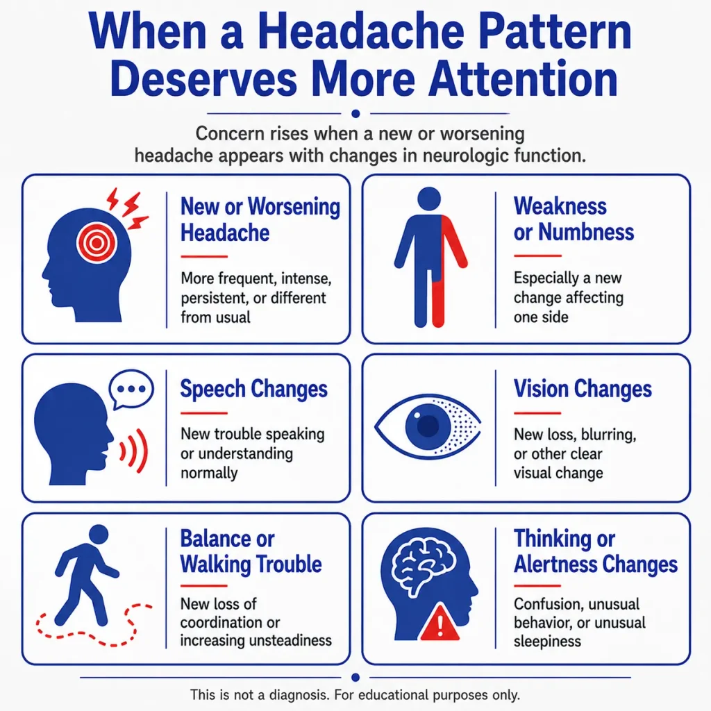 Brain tumor warning signs infographic showing worsening headaches, weakness or numbness, speech and vision changes, balance problems, confusion, and altered alertness.
