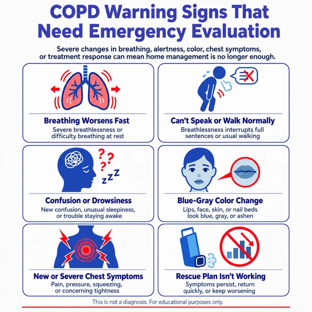 Infographic showing COPD flare-up warning signs that need emergency evaluation, including worsening breathing, inability to speak or walk normally, confusion, blue-gray lips or skin, severe chest symptoms, and a rescue inhaler plan not working.