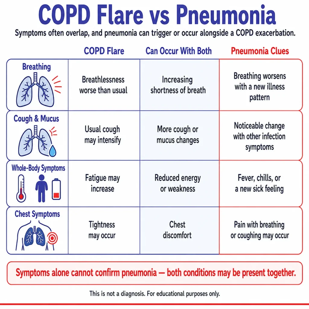 Infographic comparing COPD flare vs pneumonia symptoms, including shortness of breath, cough and mucus changes, fatigue, fever, chills, and chest discomfort.