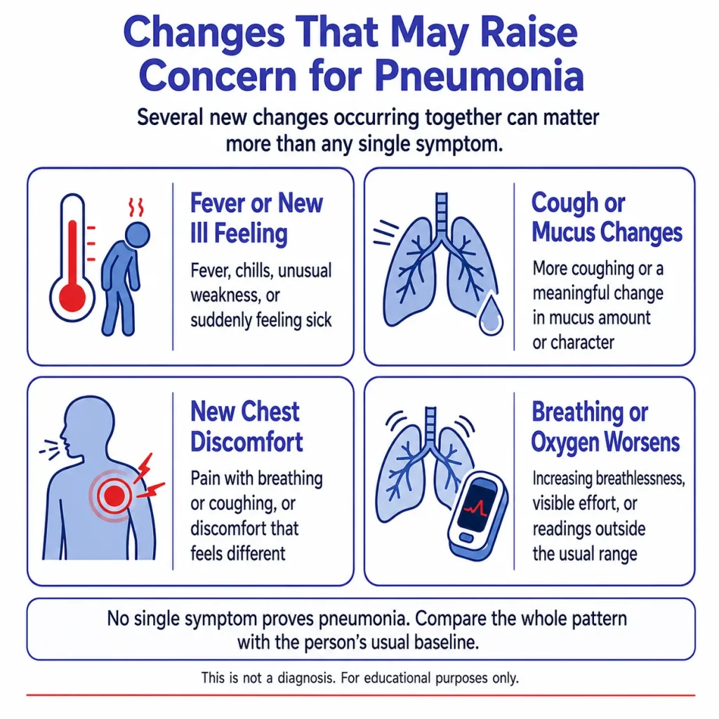 Infographic showing warning signs that may raise concern for pneumonia during a COPD flare, including fever, cough or mucus changes, new chest discomfort, and worsening breathing or oxygen levels.