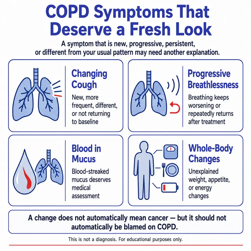 Infographic showing COPD vs lung cancer warning signs, including changing cough, progressive breathlessness, blood in mucus, and unexplained weight, appetite, or energy changes.