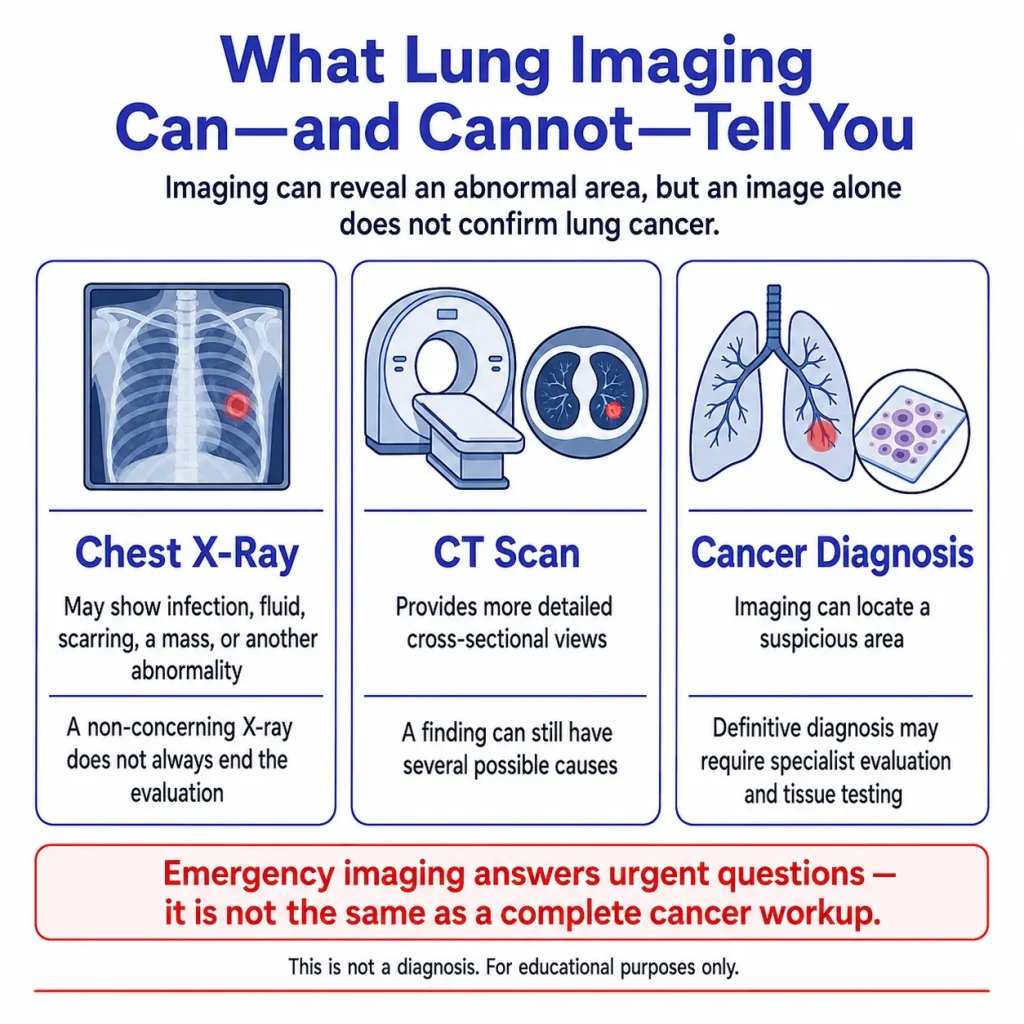 Infographic explaining how chest X-rays and CT scans can identify lung abnormalities in COPD vs lung cancer, while imaging alone cannot confirm a cancer diagnosis.