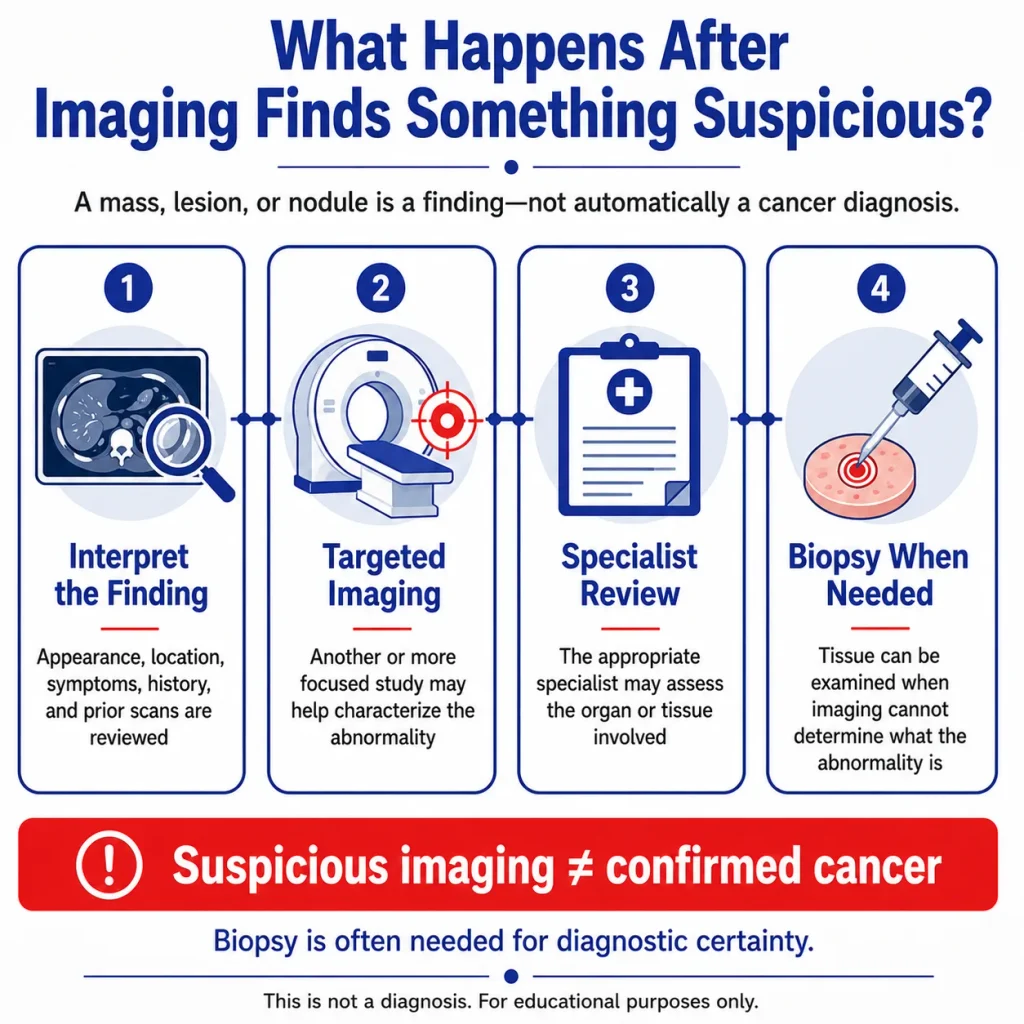 Cancer imaging follow-up infographic showing how suspicious CT, X-ray, or ultrasound findings may lead to targeted imaging, specialist review, and biopsy for diagnosis.