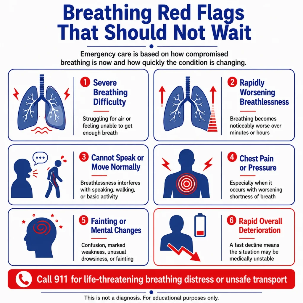 Cancer-related pleural effusion emergency warning signs infographic showing severe breathing difficulty, rapidly worsening breathlessness, chest pain, fainting, mental changes, and rapid deterioration.
