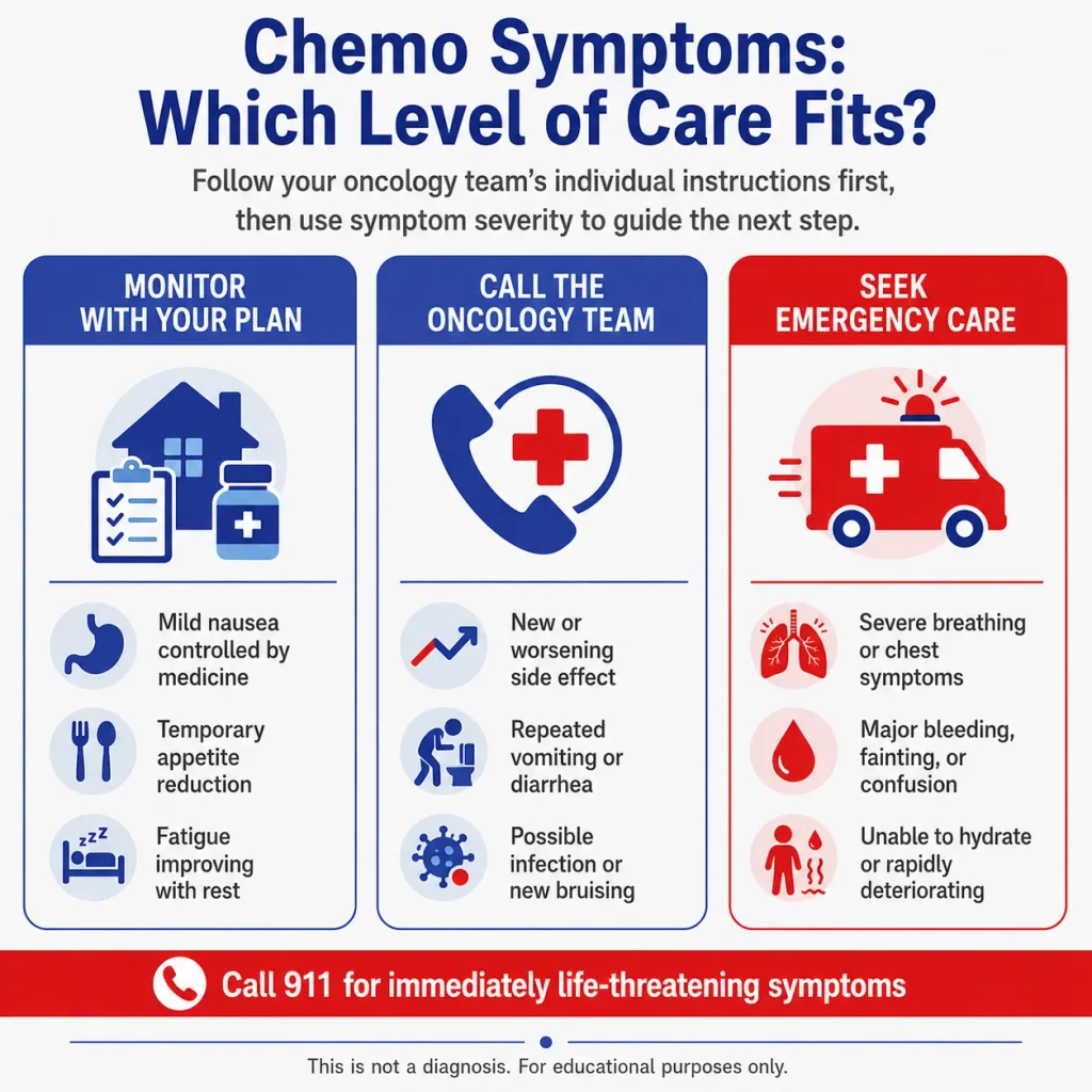 Chemotherapy side effects infographic comparing when to monitor symptoms, call the oncology team, or seek emergency care for severe breathing problems, bleeding, fainting, confusion, or dehydration.