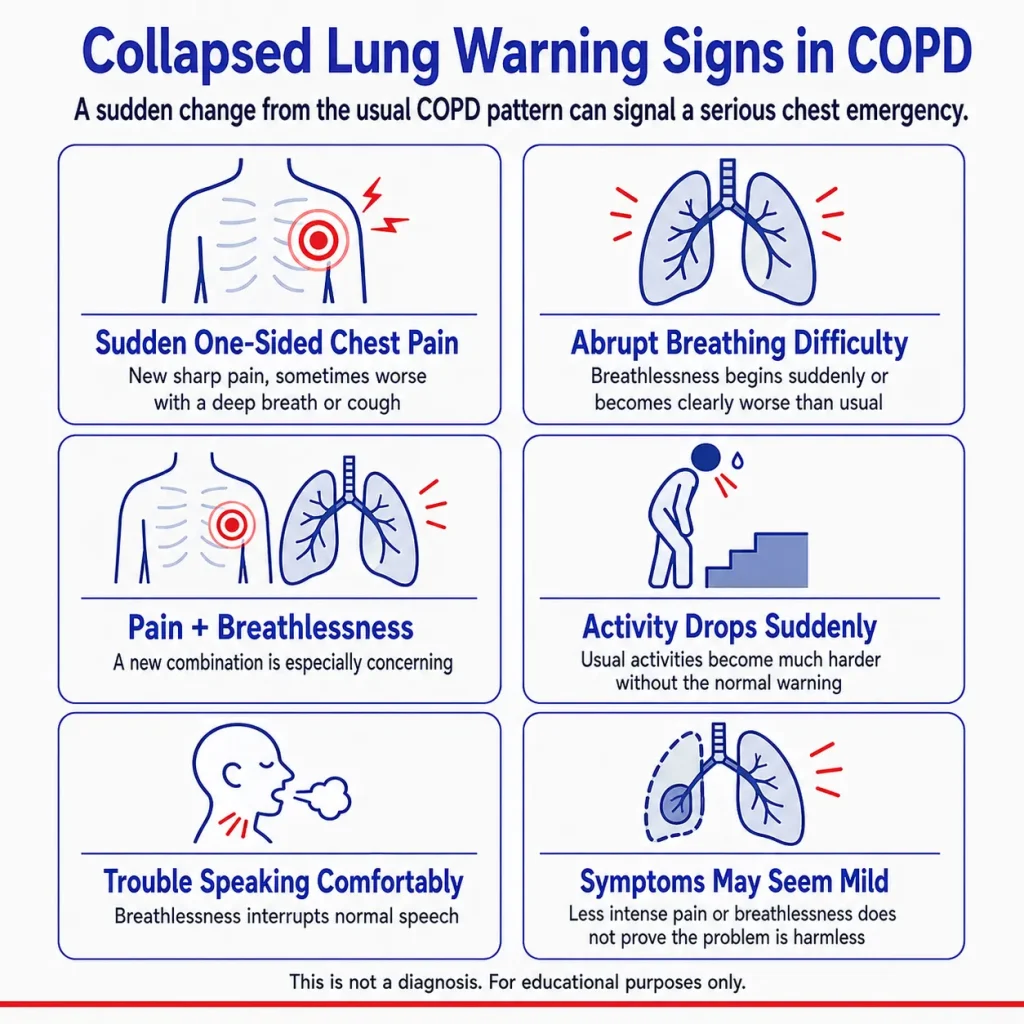 Infographic showing collapsed lung symptoms in people with COPD, including sudden chest pain, breathing difficulty, and worsening breathlessness.