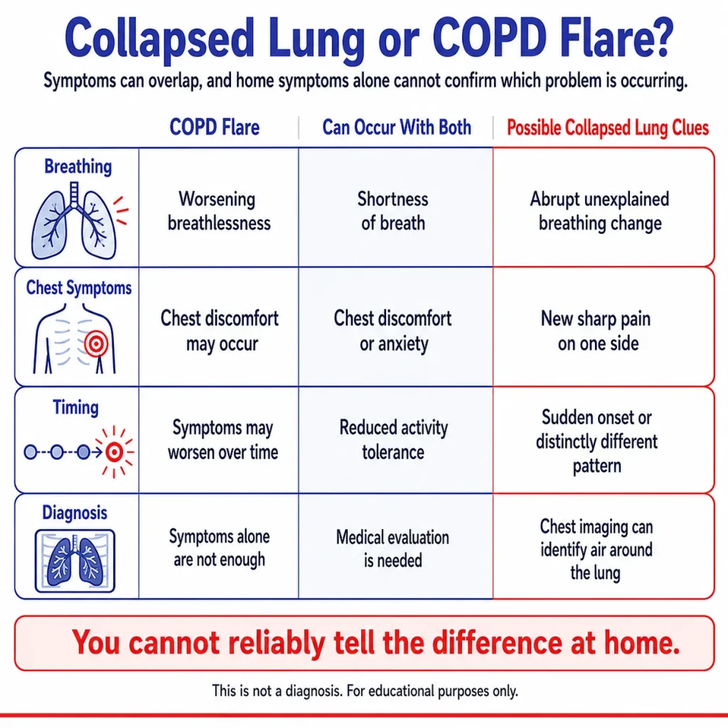 Collapsed lung vs COPD flare infographic comparing overlapping symptoms, sudden one-sided chest pain, abrupt breathing changes, and the need for medical evaluation.
