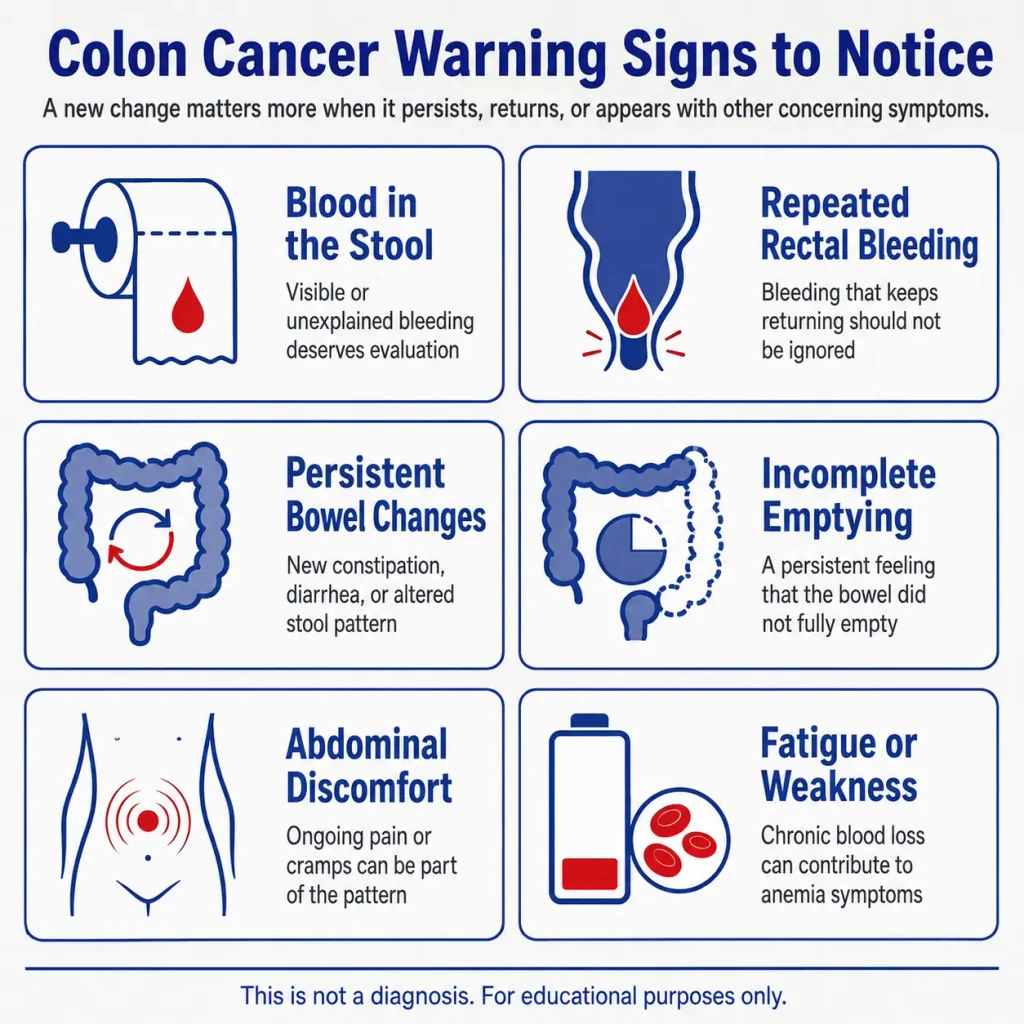 Colon cancer warning signs infographic showing blood in stool, repeated rectal bleeding, persistent bowel changes, incomplete emptying, abdominal discomfort, and fatigue or weakness.
