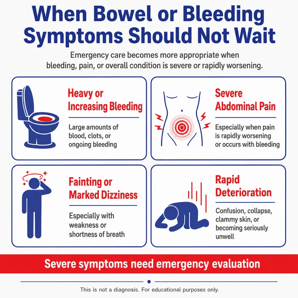 Colon cancer emergency warning signs infographic showing heavy or increasing bleeding, severe abdominal pain, fainting or marked dizziness, and rapid deterioration.