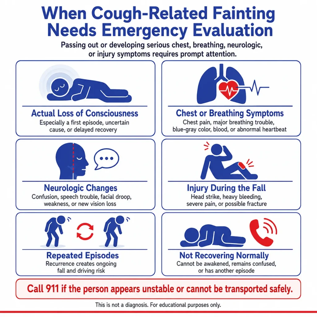 Infographic showing when cough-related fainting needs emergency evaluation, including loss of consciousness, chest or breathing symptoms, neurologic changes, injury during a fall, repeated episodes, and delayed recovery.
