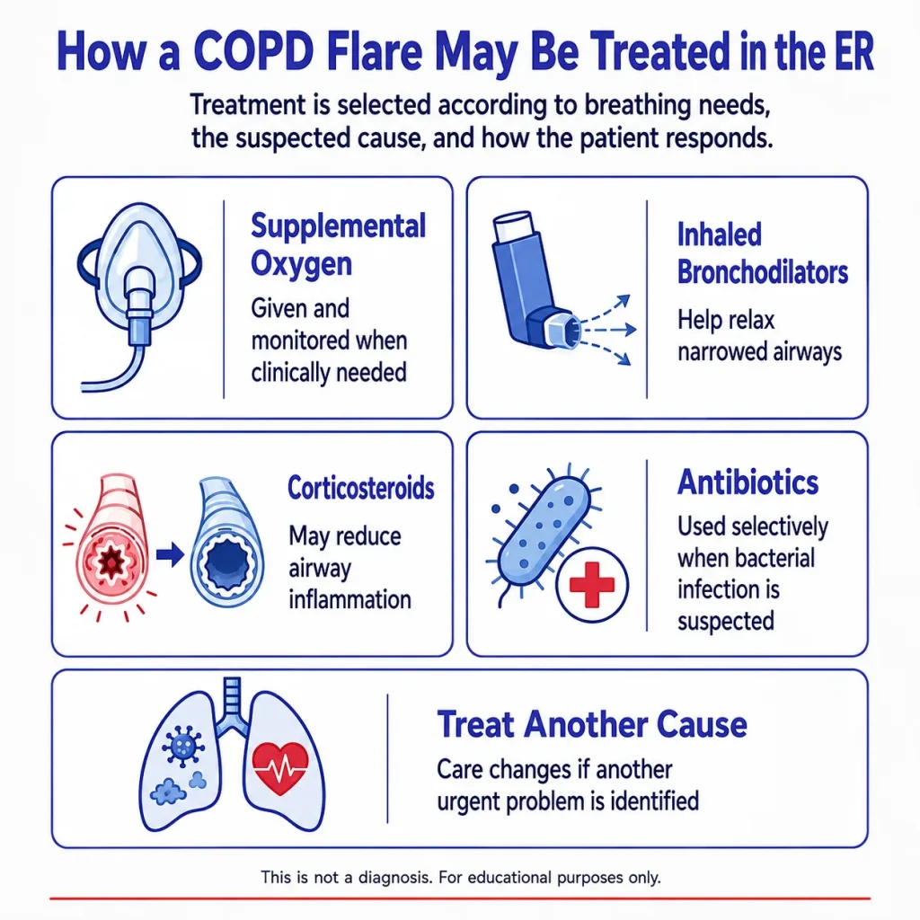 Infographic showing how a COPD exacerbation may be treated in the ER, including supplemental oxygen, inhaled bronchodilators, corticosteroids, antibiotics, and treatment for other underlying causes.