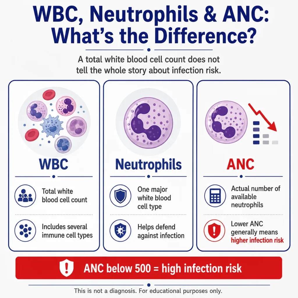 Low white blood cell count and neutropenia infographic explaining the difference between WBC, neutrophils, and ANC and how a low ANC increases infection risk in cancer patients.