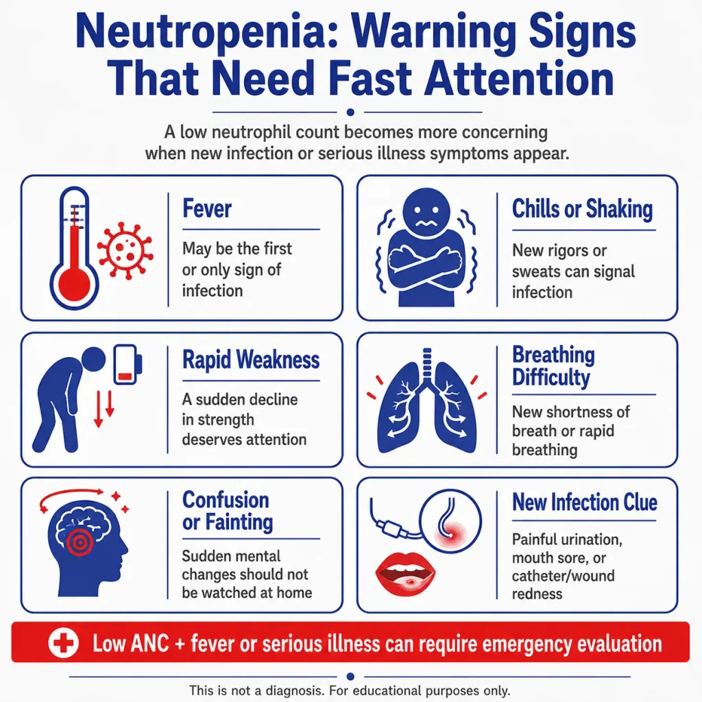 Neutropenia warning signs infographic showing fever, chills, rapid weakness, breathing difficulty, confusion, fainting, and infection symptoms that may require urgent evaluation.