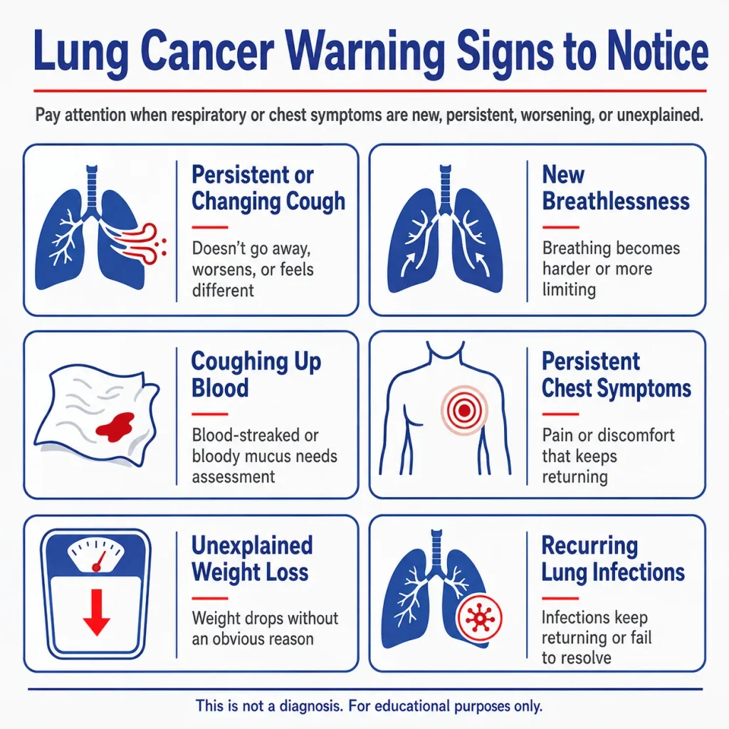 Lung cancer warning signs infographic showing persistent cough, shortness of breath, coughing up blood, chest pain, unexplained weight loss, and recurring lung infections.`