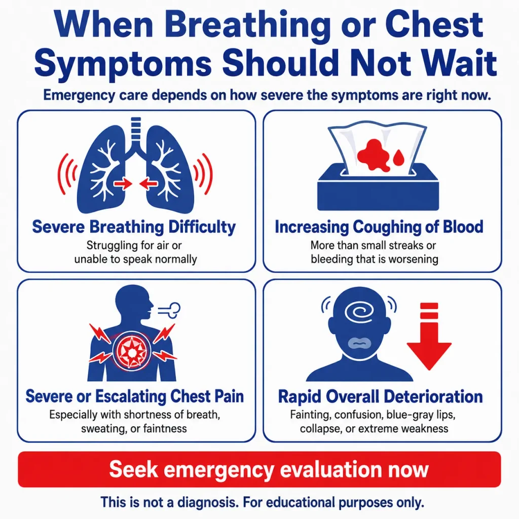 Lung cancer emergency warning signs infographic showing severe breathing difficulty, coughing up blood, worsening chest pain, fainting, confusion, and extreme weakness.
