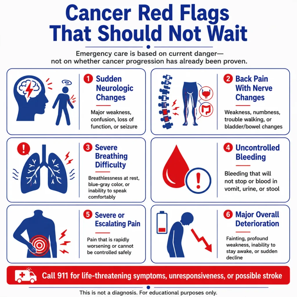 Cancer emergency red flags infographic showing sudden neurologic changes, severe breathing difficulty, back pain with nerve symptoms, uncontrolled bleeding, severe pain, and rapid deterioration.