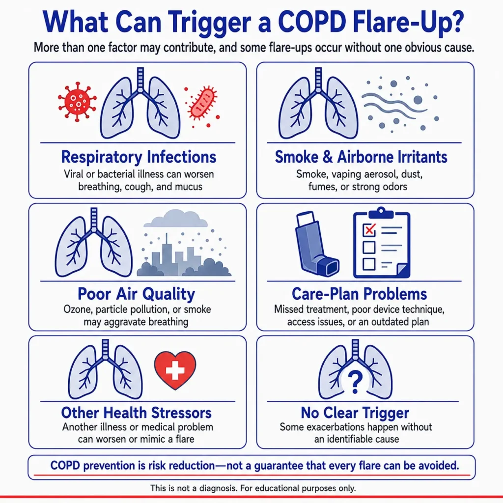 Infographic showing common COPD flare-up triggers, including respiratory infections, smoke and airborne irritants, poor air quality, care-plan problems, other health stressors, and flare-ups with no clear trigger.