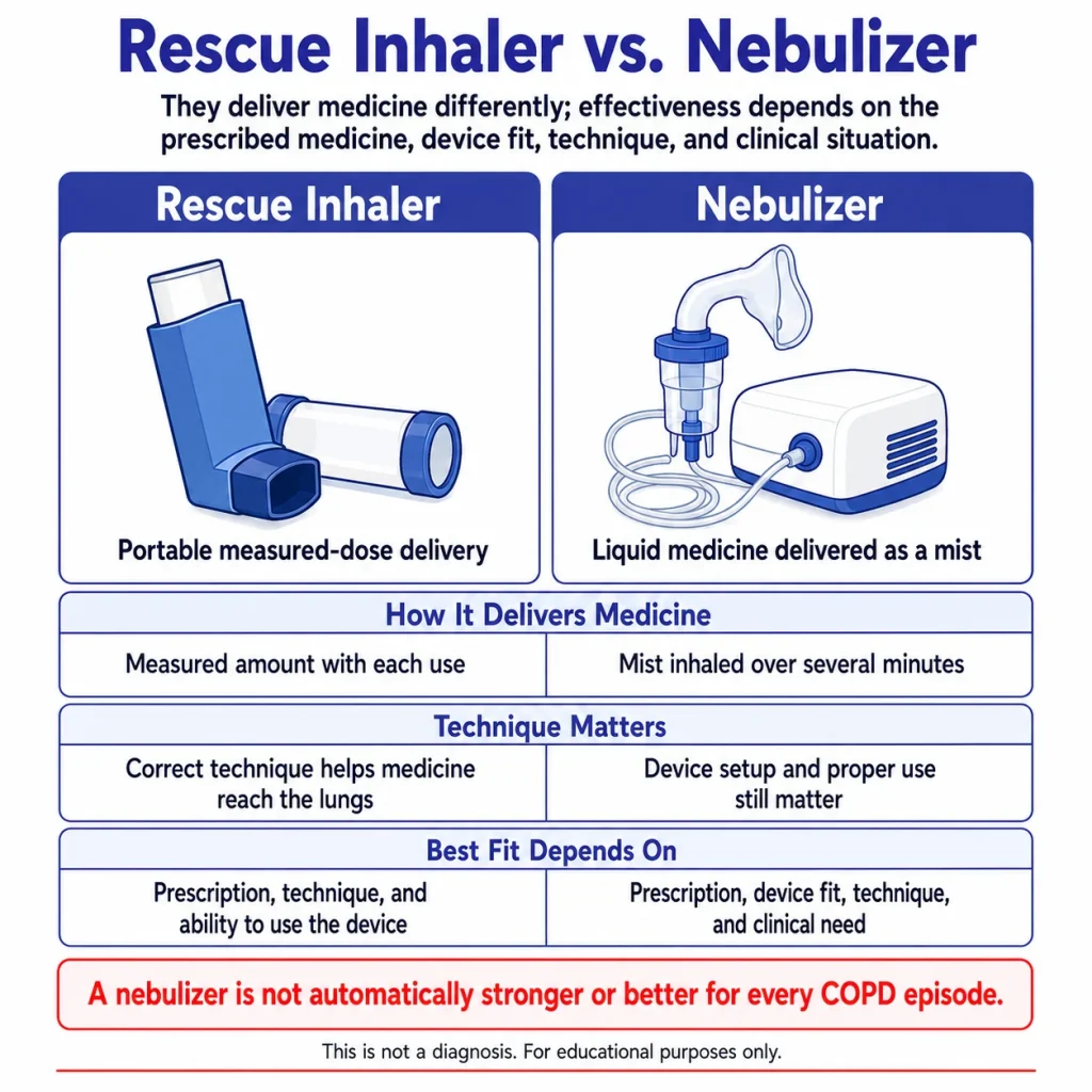 Infographic comparing a COPD rescue inhaler vs nebulizer, explaining how each delivers medicine, why proper technique matters, and how the best device depends on prescription, device fit, and clinical needs.